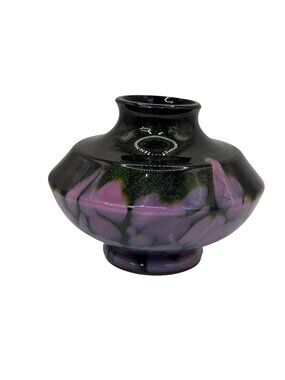 Hand-Blown Iridescent Glass Bud Vase Black Pink Purple Swirl Finish Glossy 4"